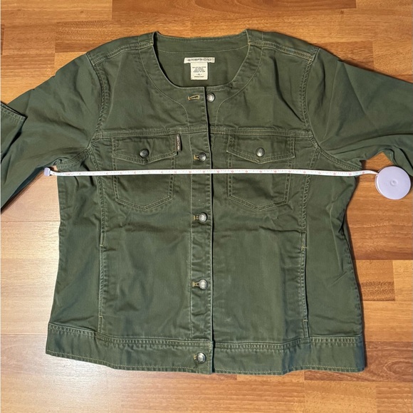 Army Olive Green Denim-Style Shacket Women XL Stretch Buttons Pockets Comfort - Picture 9 of 10